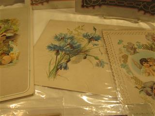 26 ANTIQUE EPHEMERA EMBELLISHED SINGLE PANEL DIE CUT CARDS - USED
